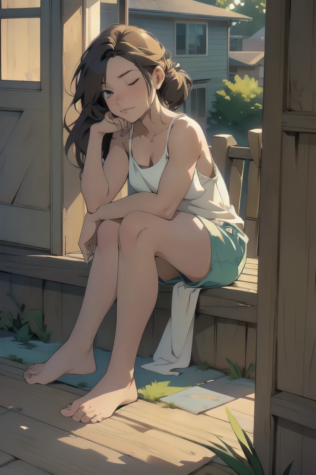 (masterpiece, UHD, detailed illustration) 1girl,solo,bare foot,feet focus,sitting