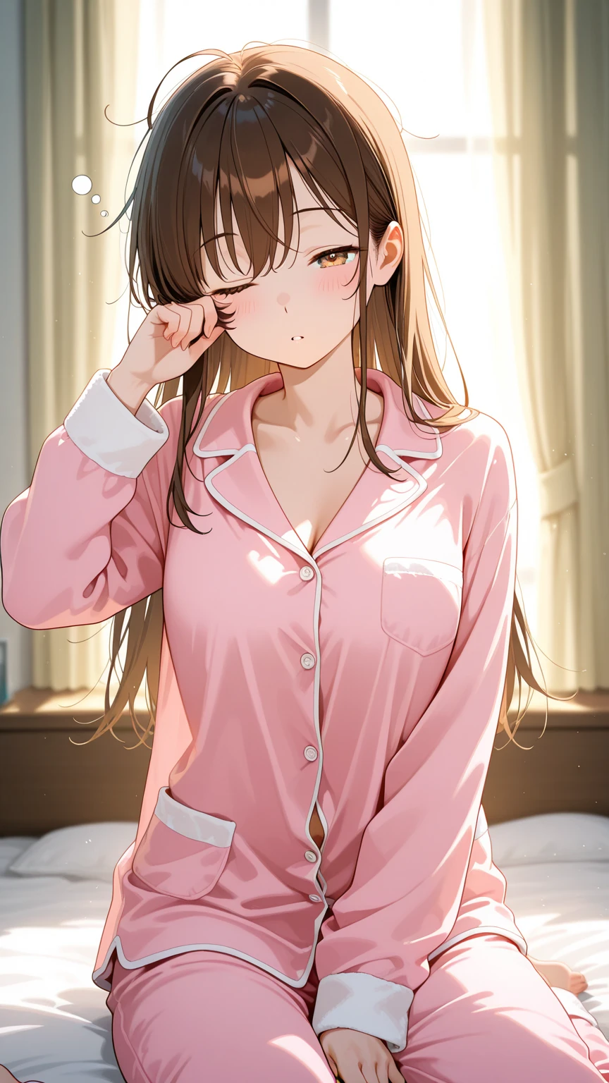 ((((perfect , super detailed skin)))), 1 girl, japanese, 14 years old, shiny skin, large breasts:0.5, watching the view, 
beautiful hair, beautiful face, beautiful detailed eyes, (long hair:1.4), 
beautiful clavicle, beautiful body, beautiful chest, beautiful thigh, beautiful legs, babyface, mole under eye,  arms,  thighs, 
((Pajamas)), 
(smile), sitting bed, 
(beautiful scenery), bedroom, 
(8k, top-quality, masterpiece​:1.2, extremely detailed), (photorealistic), beautiful illustration, cinematic lighting,