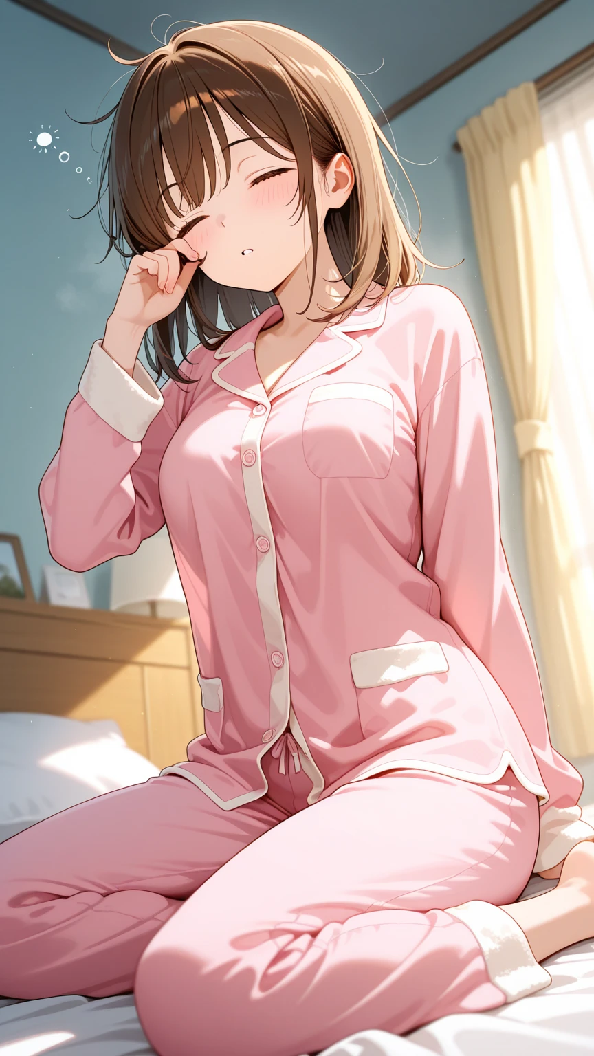 Beautiful girl, cat ears, pajamas, sitting on the bed,