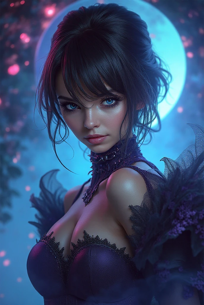 (3/4 body shot:1.6), (Masterpiece, photorealistic, photorealism, best quality, ultra-detailed:1.3), (nice hands, perfect hands), official art, cinematic light, (1girl:1.3), (solo:1.4), adult, (hyper realism), retro art style, full moon, village, Mavis Dracula, teeth, blush, smile, young female, medium breasts, (emo:1.7), (black eyelashes, light blue eyes, eyeliner, black lipstick:1.5), diamond earrings, (black hair:1.5), staring, dark evil, night, ambient candlelight , hotel Transylvania, (bat), depth of field