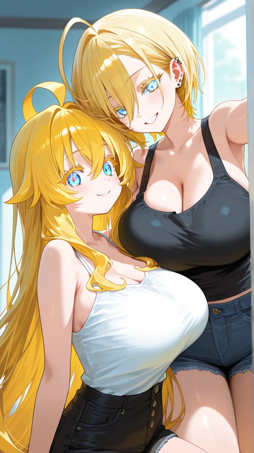 2heads, a short chubby woman with 2 heads. She has enormous breasts. She is inside a living room. She is wrapped in just a towel. She has gigantic breasts. She has long blonde hair. She is sweating. She looks exhausted. She is smiling. She is blushing. She has enormous breasts. Her breasts are very circular and round. Her breasts are lactating.