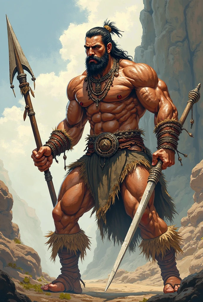 A man (1boy) alone, seen (((front view))) (((from front))). He is an epic and heroic barbarian, a ((tanned)) (muscle male) (bodybuilder), (hairy:1.7), long hair blowing in the wind; he has a realistic face, realistic eyes, (detailed facial features). He is wearing a fur ((loin cloth)), and is carrying a wooden spear, emerging from a dark cave entrance. It is dark, the only source of light is a campfire out of view to the right. Highly detailed fantasy art, dramatic volumetric light, artstation, beautiful modern fantasy illustration, by Terese Nielsen. <lora:BulkedUpAIR1.5:0.3>
