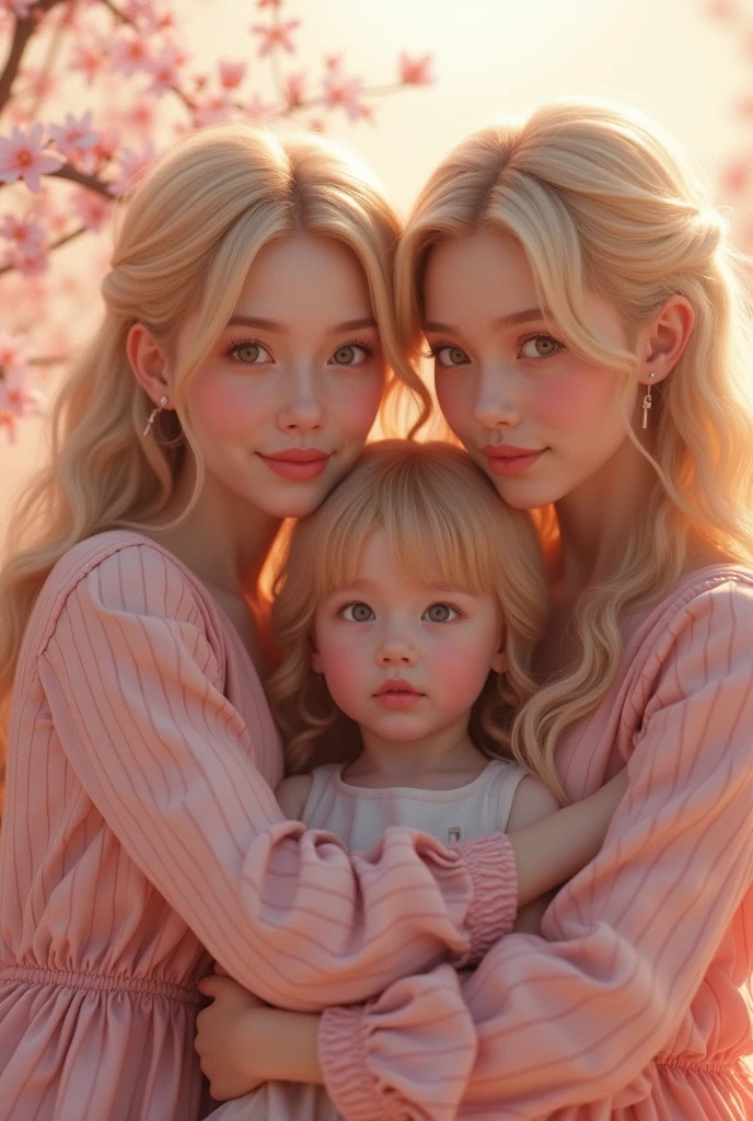 A beautiful Calcasian woman with long blonde hair holding two beautiful babies in her arms, soft sunlight illuminating their tender embrace, detailed and photorealistic, serene facial expression, delicate skin tones, warm color palette, cinematic lighting, masterpiece, 8K, photorealistic, hyper detailed, high quality