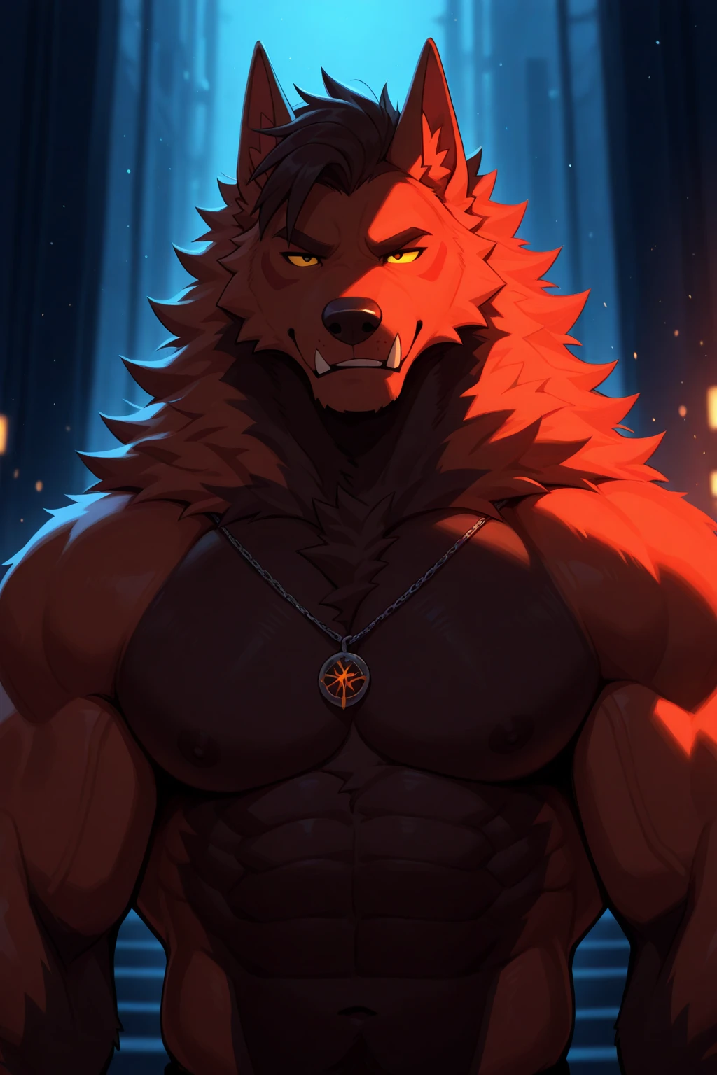 (1boy, Werewolf), (extremely detailed CG unit 8k wallpaper),(master part), (best quality), (ultra detail), (best illustration),(wanostyle), cowboy shot, (Sharp eyeliner, ombre, detail eyes), dark dungeon interiors background, ,break , (vamptech), monster,  brown fur,
