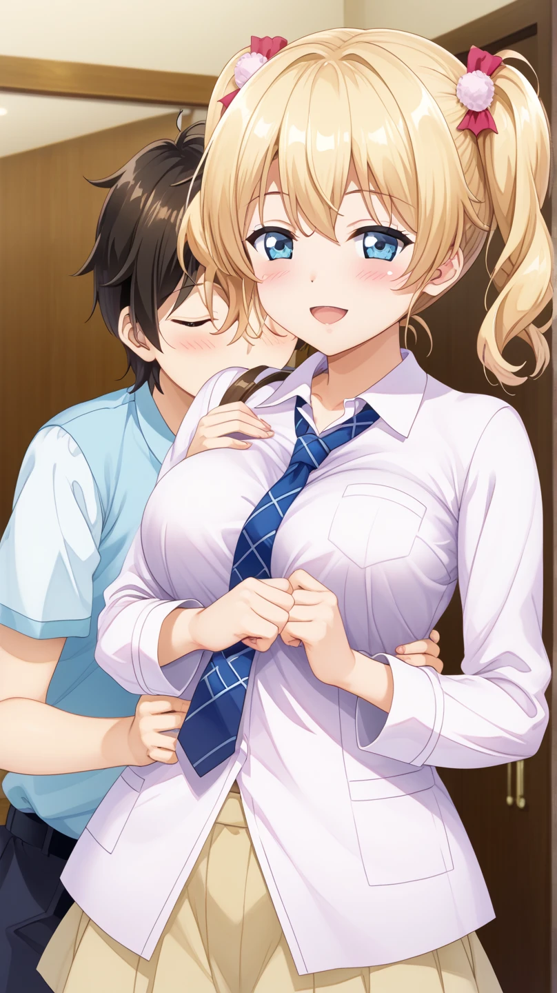 masterpiece, best quality, 1 girl, detailed beautiful face, short hair, waved hair, twintail, blonde hair, French braid, embarrassed, (sweat), ((a man grabbing her small breast from behind)), (having sex with a man), (squirting), orgasm, open mouth, drunken eyes, 10 years old, ((breast grabbing)), sigh, (white blouse), (pleated skirt), panties
