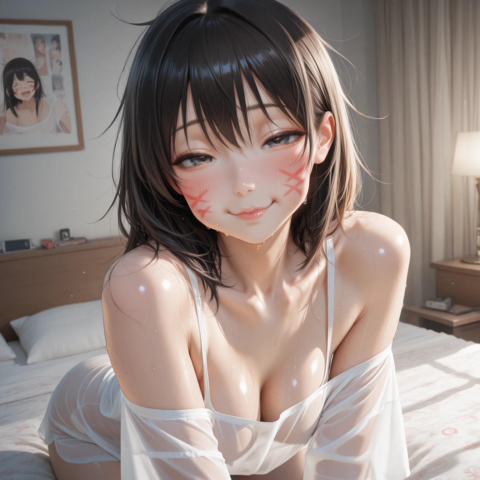 Browsing Caution,Highest quality、In 8K、masterpiece、Hmph、Ultra-high resolution、RAW Photos、(Realistic:1.3)、Natural soft light、(Written boundary depth)、thin、(whole body:1.2)、Detailed face and eyes、Realistic、Sharp pupils、Inside the warehouse、(Dynamic action poses)、Young Face、Beautiful 17 year old girl、Glowing Skin、(Shortcuts:1.5、amount:1.5)、Beautiful brown hair、Red Eye、(blush:0.7)、((Embarrassed face:1.2,blush:1.8))、Crying face:1.5、Sweat、(Completely naked:1.8)、(Thighs Thighs Thighs Thighs:0.8)、(Huge breasts:2.0、pointy breasts:1.5)、((Top View:1.4)))、(Erect nipples:1.4)、(Small Nose、Small Nose)、((vagina、Sex:1.5、Competent people))、Attractive waist、(Overflowing sexual fluid:1.5)、((bed、bedに横たわる:1.5、Sleep on your back:1.4、lie:1.2))、(Chest to chest:1.1、 It was between her breasts:1.2)、(((whole body:1.8)))、I want to see you from head to toe、There'There's a penis in front of me、((Sunburned skin:1.5、Sunburn:1.5))