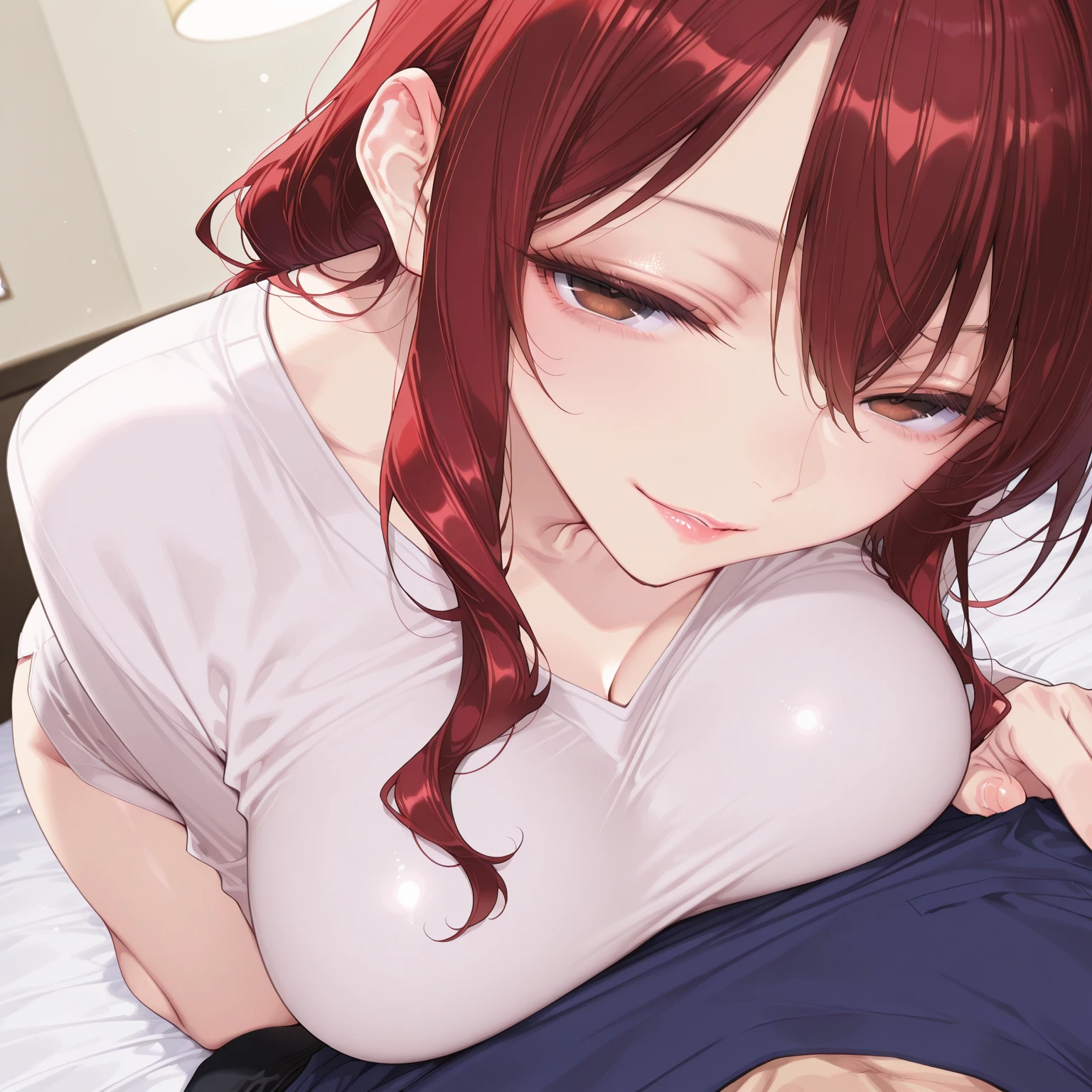 score_9, score_8_up, score_7_up, score_6_up, score_5_up, score_4_up, yu hee, golden eyes, red hair, long hair, thigh, lie, no underwear, beautiful eyes, blush, traditional Chinese room, night, beautiful breasts, shiny lips, shiny lips , sperm, penis, penis between breasts, kneeling, top view, oral sex, licking penis,