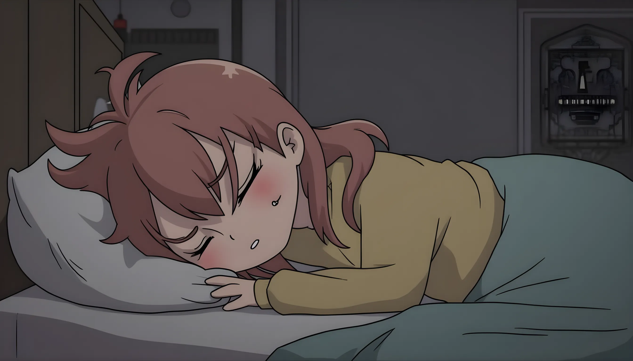 RanmaChan, short red hair, big breasts bouncing, whole body, lying on a bed, lying down, blush, toomuch cum, ropa de seda, pijama seda, Sleeping shirt,  