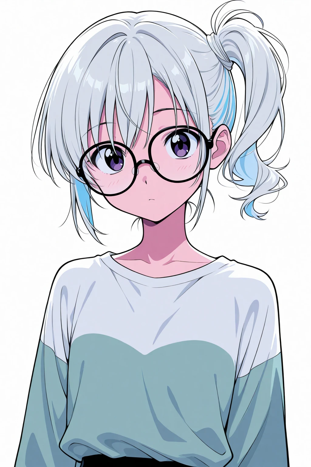 vaporwave screenshot, (best quality:1.0), young 1girl, stunningly attractive, perfect feminine face, (cute:1.2), silver short wavy hair, (aroused:1.2), playful, (white t-shirts), library, detailed background, black eyes, highres, (closed mouth:1.1), dynamic angle, (cinematic lighting:1.2), (by Range Murata:1.0), (by Taka Tony:1.0), by Jeremy Lipking, cowboy shot, glasses