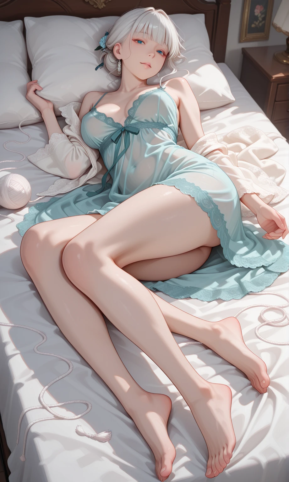 Beautiful woman, inside a combi from Mexico, lying on the bed, light brown hair, long hair, white and blue dress, perfect body, good lighting, white heels, light pink heel, happy, laughing, bent leg and a stretched leg