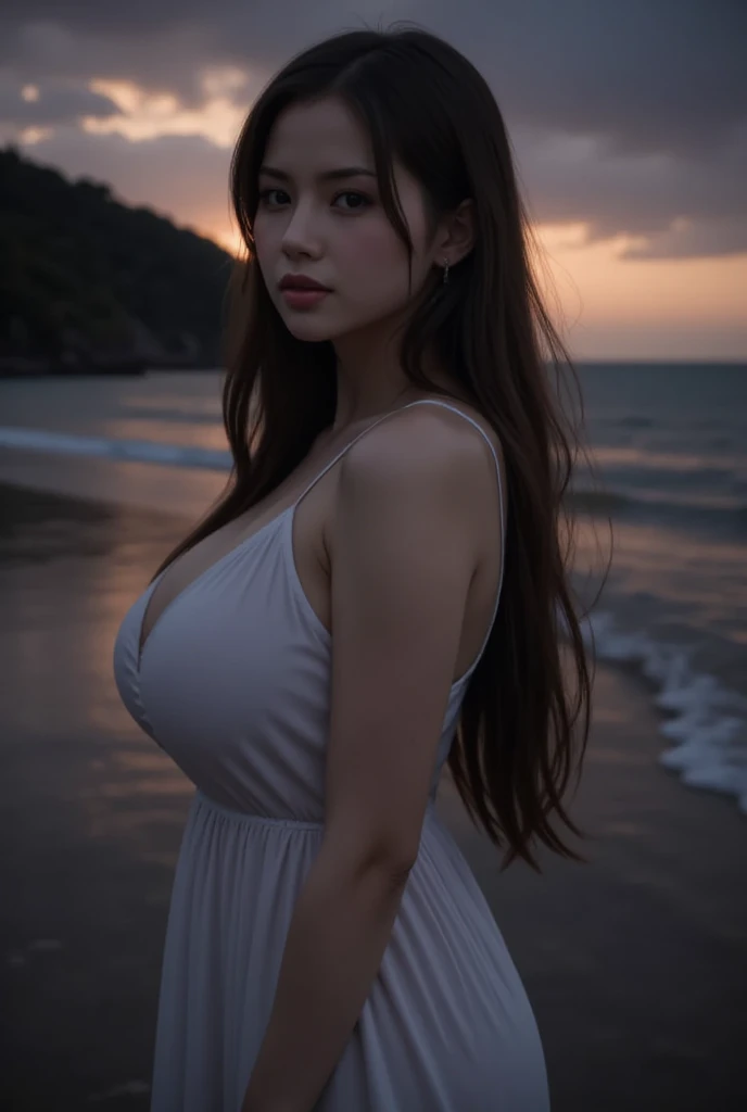 full hd 8k, Girl standing in front of dark night scene, full moon reflected on beautiful face, ((full body)), realistic, Fashion girl, red lips, mature woman, makeup, big eyes, beautiful eyes, ((full body)), her long, silky hair is gently blown by the night wind, creating a gentle and romantic feeling. She is walking on a large beach. She looked up at the starry sky, as if searching for something, her eyes showing a pensive and lonely look. The full moon shines in the night sky creating a beautiful scene. The girl has long, flowing hair, with a luxurious and noble beauty. The moonlight shines on the girl's delicate face, highlighting her large, round light brown eyes, creating a natural, gentle beauty. She wore a mini dress to create a sexy beauty. Her plump breasts were exposed, revealing her plump and extremely sexy breasts. These images capture full-body portraits, detailed panoramas, and sky and sea views. All create a beautiful, wonderful picture that makes people unable to take their eyes off the scene. All these details are depicted clearly and sharply,