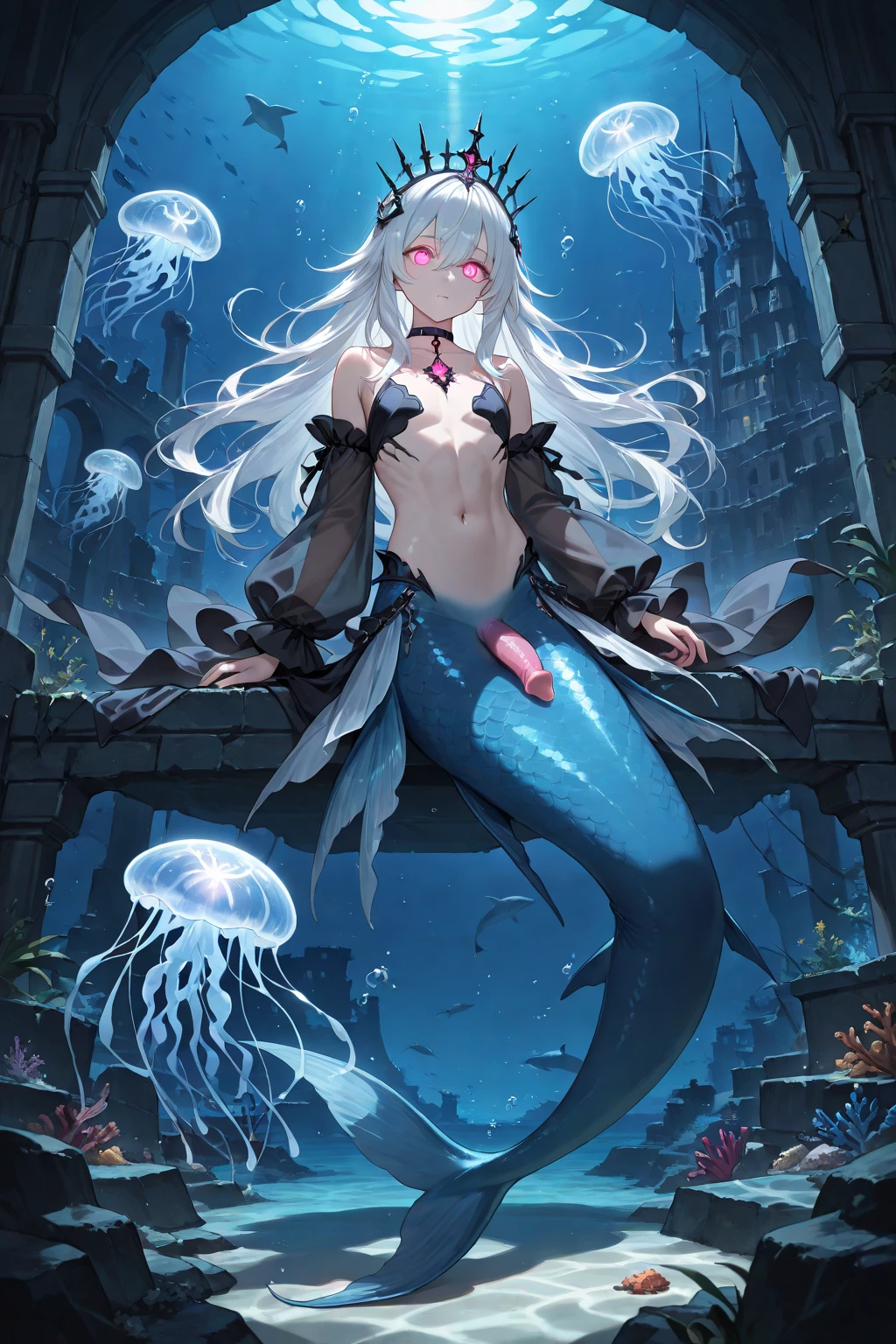 SeaportHime,horn,mature female,abyssal ship,large breasts,navel,sexy,partially submerged,nipples,pussy,completely nude<lora:SeaportHime:1>