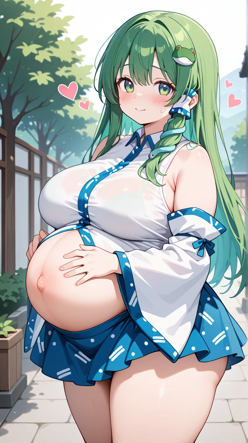 masterpiece, best quality, 1 Girl, Solitary,Gray hair, Long hair,Hair accessories,Black hair band, blue eyes, Long sleeve, Green skirt,Green knee socks,
Cowboy shooting, Gray background, Smile,Shut up,blush、(Pregnant woman with big belly,Huge breasts:1.8)