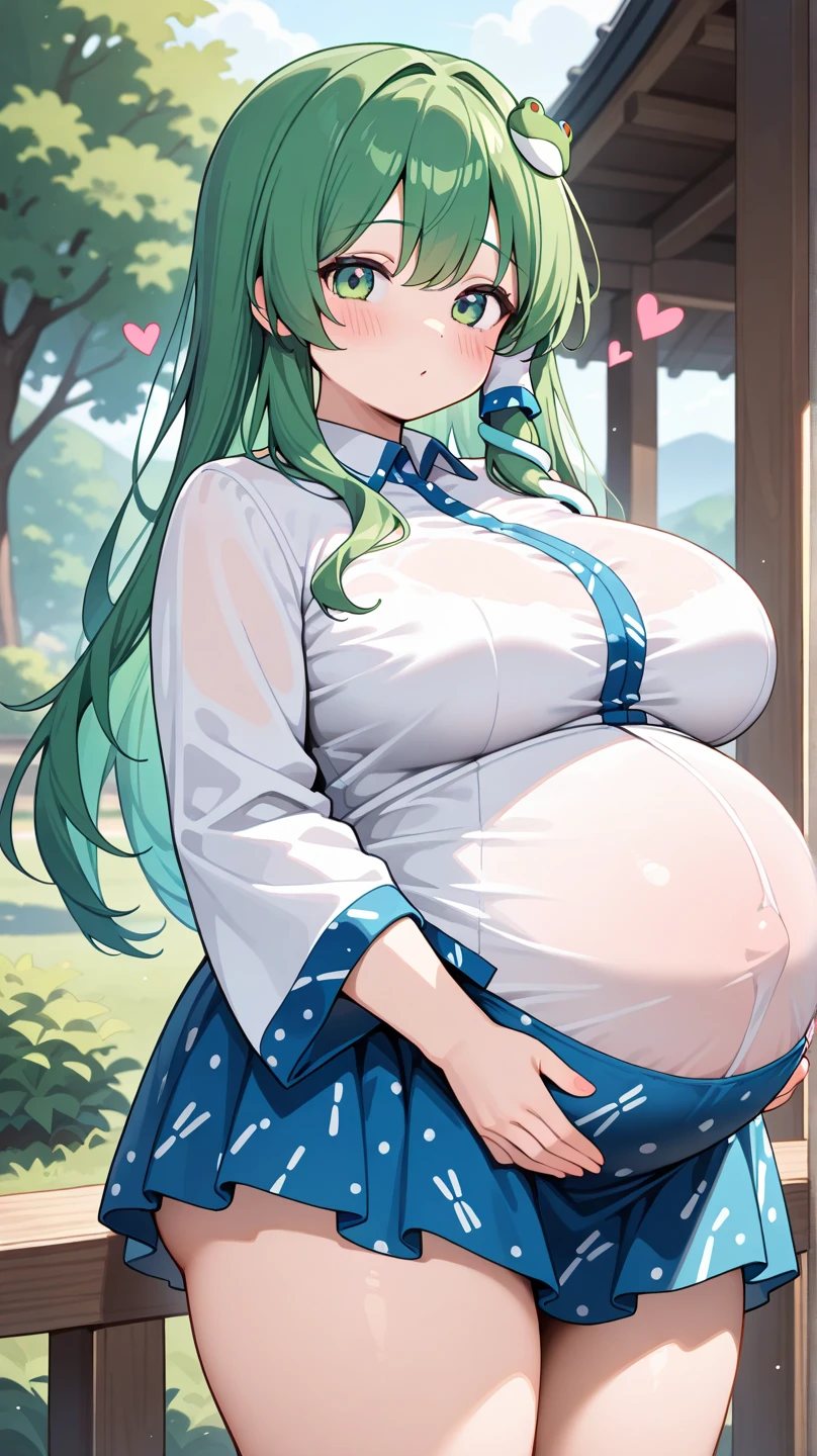 (masterpiece, best quality, highres, absurdres), 1girl, big belly, chubby arms, thick thighs, art by kipteitei, kochiya sanae, hair tubes, frog hair ornament, snake hair ornament, shirt, long sleeves, wide sleeves, blue skirt, embarrassed, big, looking down, poking belly, flushed, sitting on the floor, huge, eating