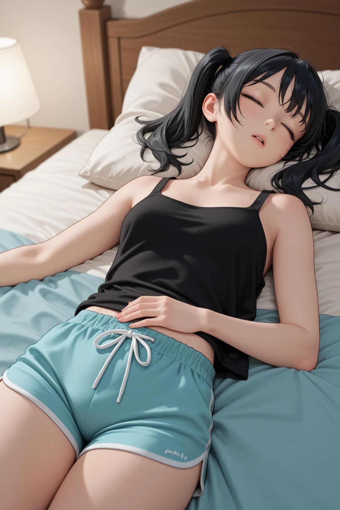 One Woman, alone, alone Focus, Cowboy Shot, Portraiture,, Beaver,((Black Hair)), Short Bob, Very fine eye, work, old Japanese gym clothes、((Bloomers))、 (Small TI quality, Very detailed,Bedroom、Lying in bed