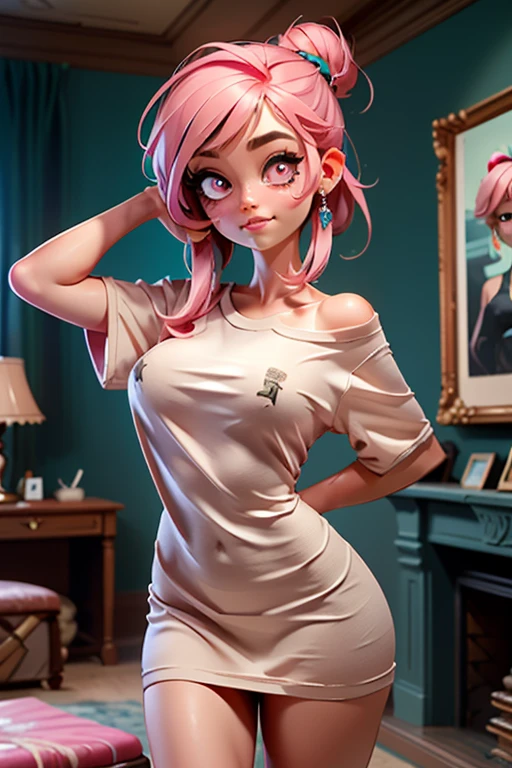 (high-quality detailed textures:1.2),stella from helluva boss, red lingerie, crop top,big breasts,deep neckline,peach-colored clothing,ultra-detailed,realistic,portrait,fantasy,soft lighting,vibrant colors, white thong 
