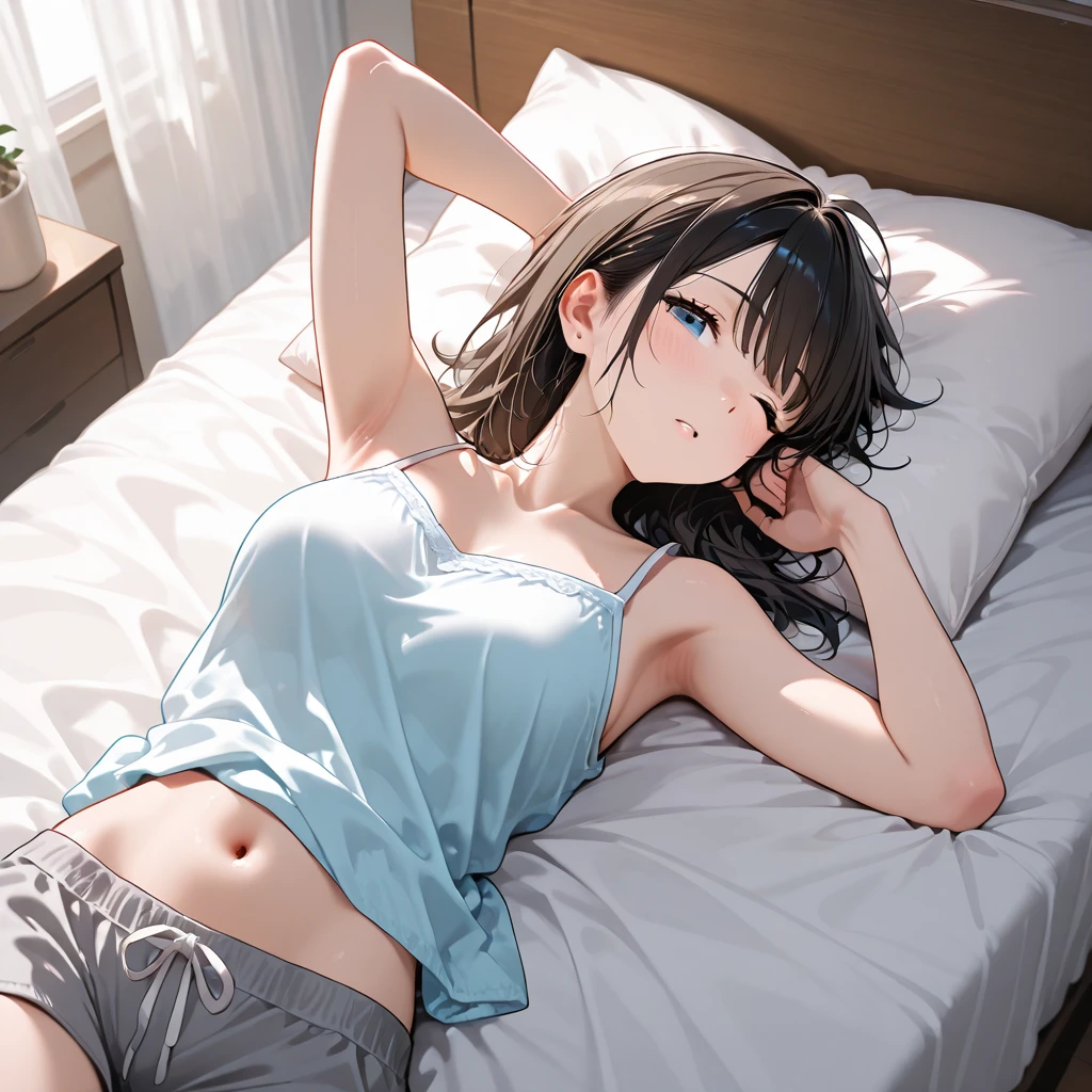 (8K、Raw photography、top-quality、​masterpiece:1.2)、(Baby face、Round face:1.3)、yuuki mikan, 1girl in, student clothes,Underwear、cleavage of the breast、all-fours、ultra-detailliert、超A high resolution、see the beholder、beautifull detailed face、Constriction、(Slim waist) :1.3)、Beautiful detailed skin、Skin Texture、floated hair、profetional lighting,((Light blue underwear))、(((Wet underwear)))、Cotton panties、Sit on the bed、small dark room