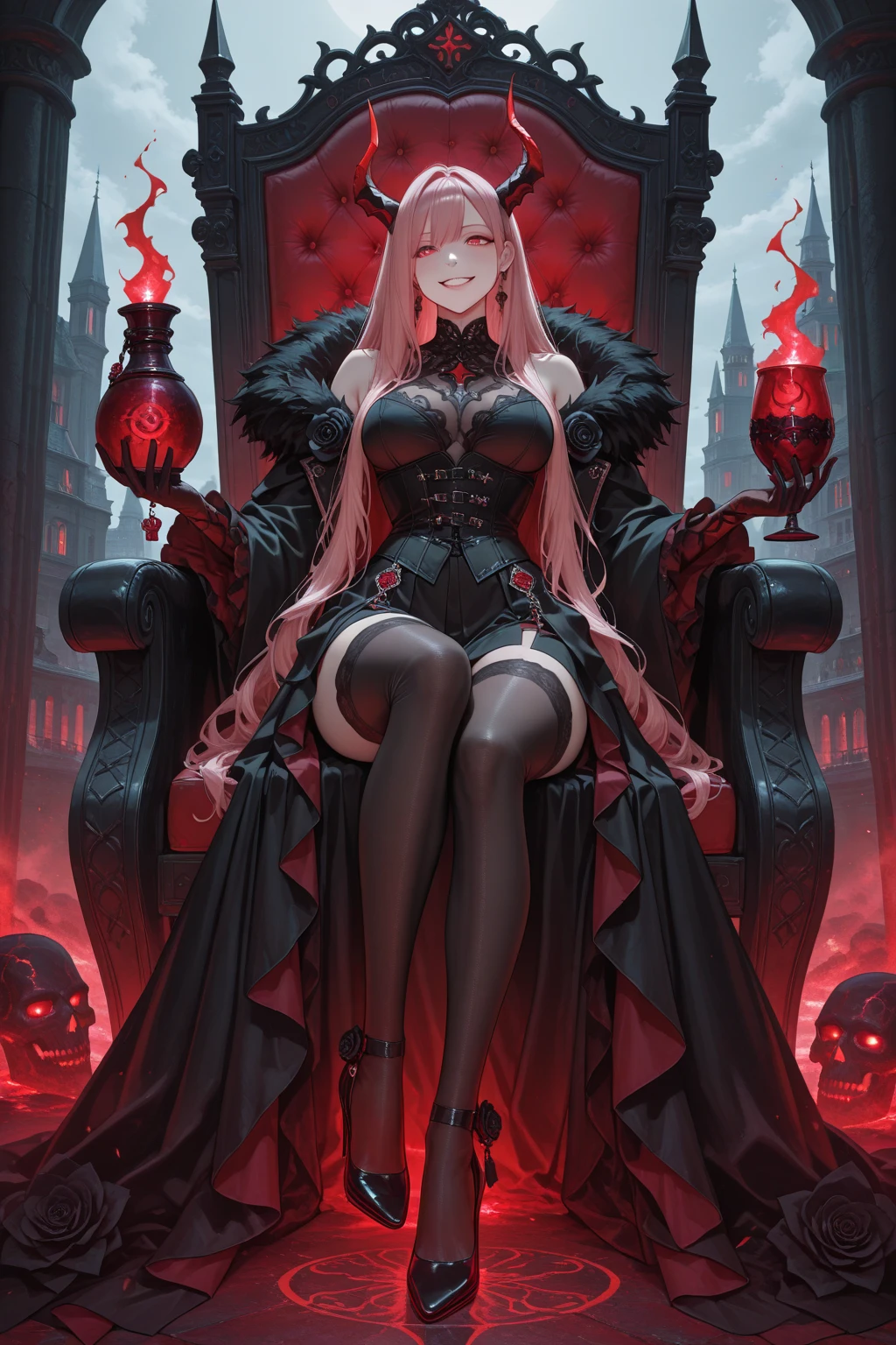 (best quality), (masterpiece), (high resolution), [:intricate details:], (detailed background) a hooded sex vampire woman sitting on a throne with skulls around her, she has red eyes,her outfit has red color, her skin is white like a vampire, dark fantasy art, vampire queen, gothic fantasy art, dark sorceress, abaddon and magali villeneuve, dark fantasy style art, epic fantasy art style hd, evil sorceress, necromancer sorceress, dark fantasy art, beautiful necromancer, (sage aura effect around the throne)