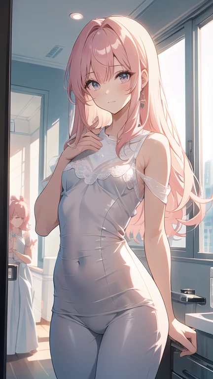 3 girls, long Hair, pink hair, cute white underwear, cute white dress, smile, ((32K)), ((best quality)), ((ultra high res)), ((HDR)), ((uhd)), ((extremely detailed CG)), ((unity 32K wallpaper)), ((perfect anatomy)), (cowboy shot), (to be reflected in a mirror ),