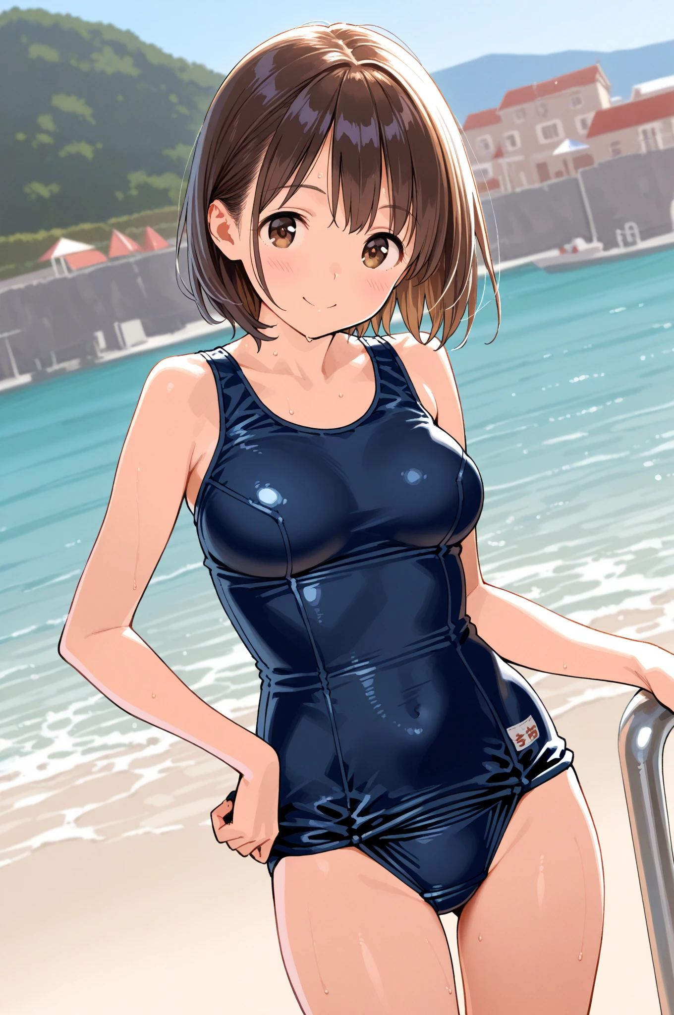 1 fat girl, solo, breasts, looking at viewer, blush, smile, short hair, closed mouth, brown hair, hair ornament, thighhighs, brown eyes, standing, swimsuit, cowboy shot, small breasts, sky, day, hairclip, fang, shiny, cloud, white thighhighs, blue sky, one-piece swimsuit, covered navel, skindentation, school swimsuit, door, old school swimsuit, open door, doorway,small breasts,big ass