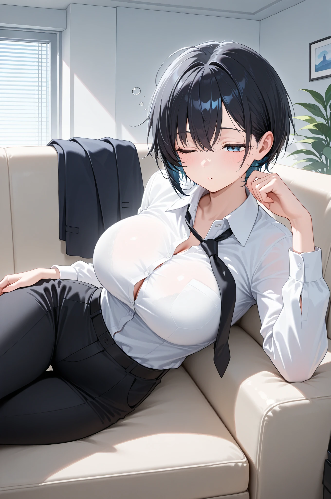 a very sexy dressed up girl with big breasts sitting on a couch, 1girl, solo, breasts, thighhighs, underwear, black hair, panties, sitting, looking at viewer, shirt, blush, indoors, black panties, bangs, white shirt, short sleeves, no bra, open clothes, thighs, skindentation, short hair, open shirt, window, partially unbuttoned