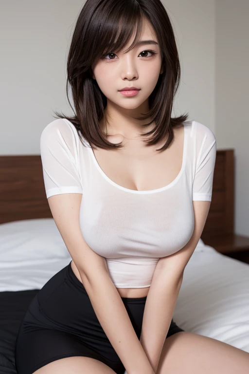 masterpiece, best quality, illustration, Super detailed, fine details, High resolution, 8K,wall paper, perfect dynamic composition,(Details High quality, realistic depiction of eyes:1.3), A tight collored polo shirt that expresses the roundness and softness of your chest.), plump breast, pleated skirt, short bob hair, black hair color, Big Natural Color Lip, bold sexy pose, crying a little、20 year old girl、cute type、lolita、beautiful legs, hotel room, hposing Gravure Idol