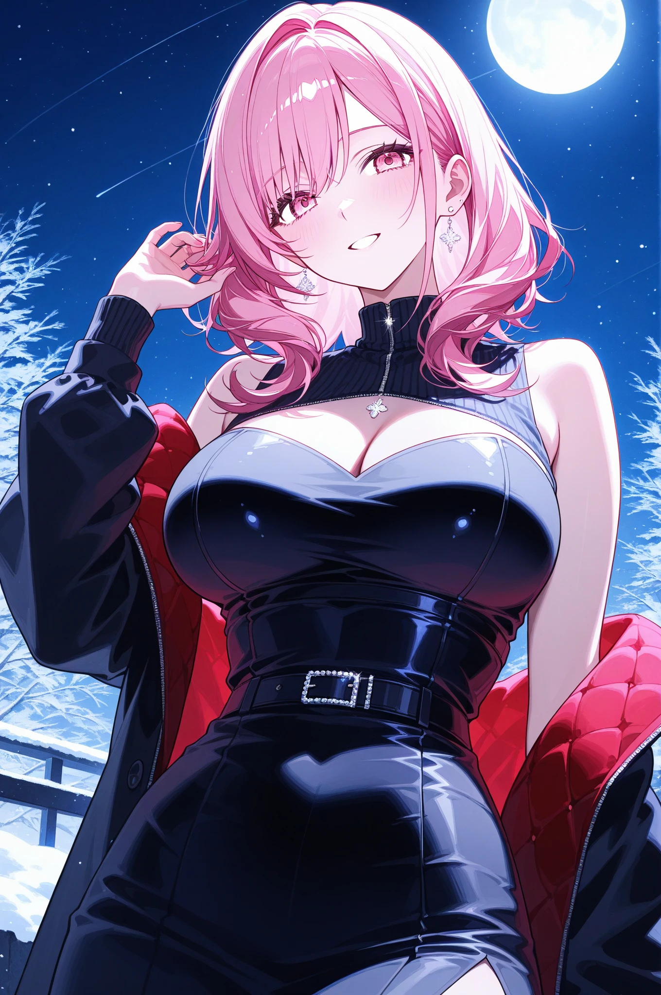 woman, Big Breasts, Pink Hair, Twin tails, Scarlet Eyes, Pink jacket, Small chin, Showing cleavage, Sexy pose, Crossing your legs, at night, Jumping scene, smile, Bright expression