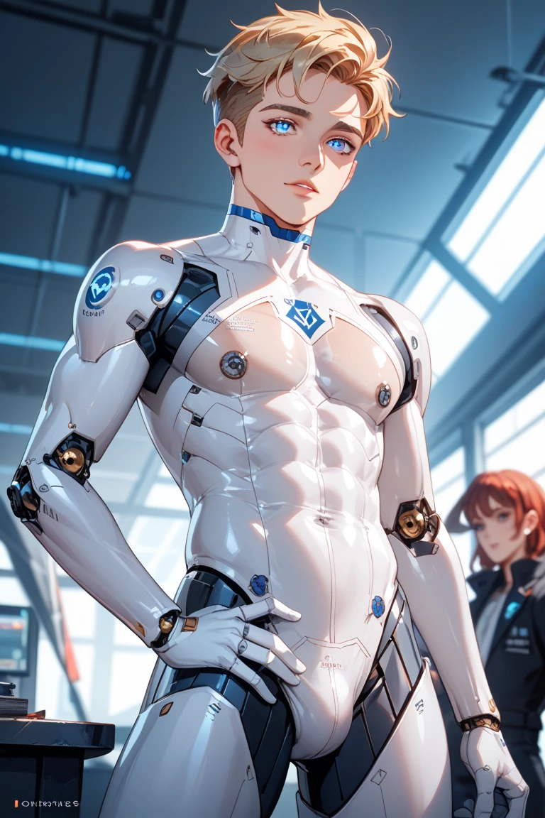 (White body suit), masterpiece, futuristic suit, gloves, white gloves, skin tight bodysuit, toned male, teenager, young male, beautiful face, bodysuit, (futuristic), (sci fi suit), toned male, bulge, shoulder guard, neck guard, blue eyes, tight white gloves, white skin, boots, armour, futuristic mask