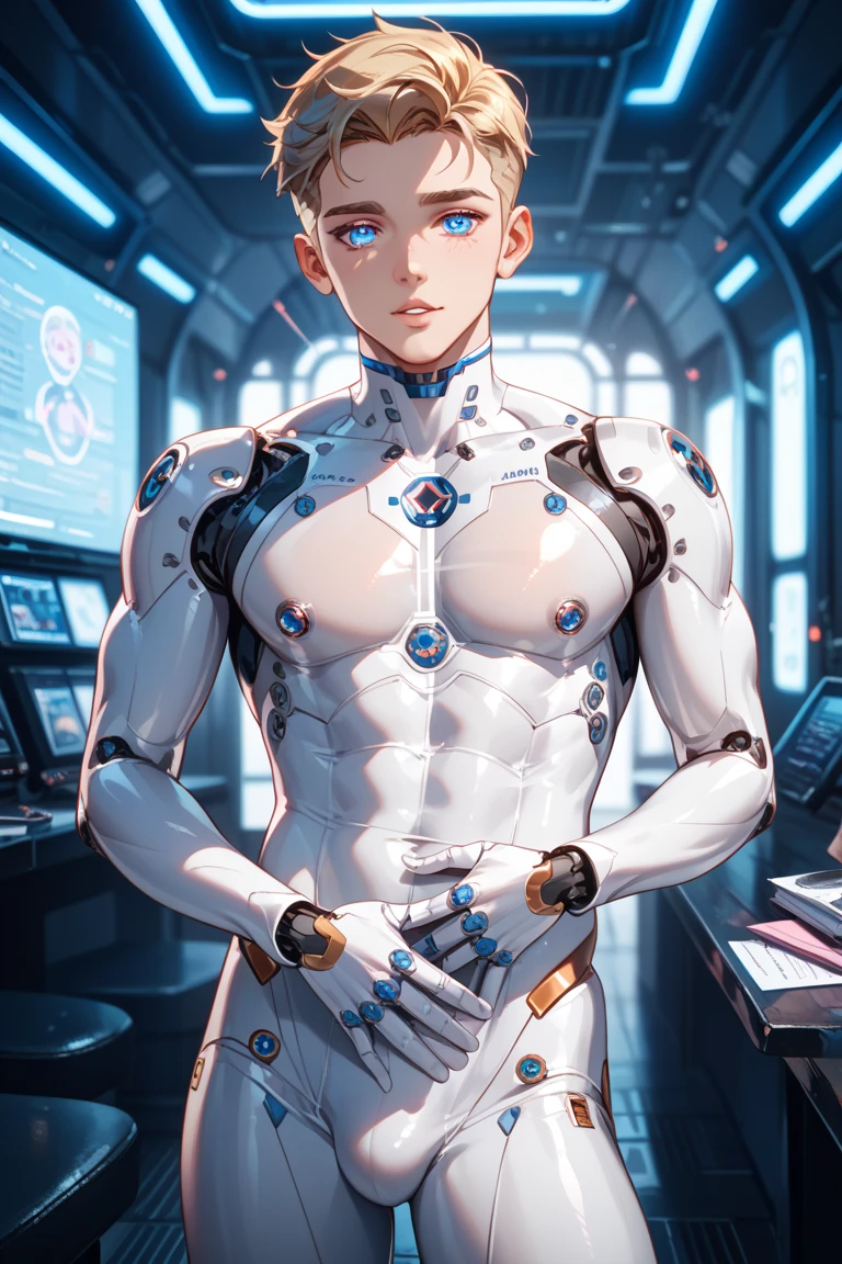 (2heads), conjoined dicephalus,1man,(masterpiece,high resolution,ultra - detailed:1.0),1(boy,robot boy),Perfect slender male body,Look at the camera,Delicate and detailed eyes and delicate face,Extremely detailed CG,Unity 8k wallpaper,Complicated details,solo person,Detailed face, (pink futuristic skin tight body suit), (futuristic), (slender body with bulge) color difference, Depth of field,dramatic shadow,Ray tracing,Best quality, hands visible, white gloves,(((big bulge:1.4)))