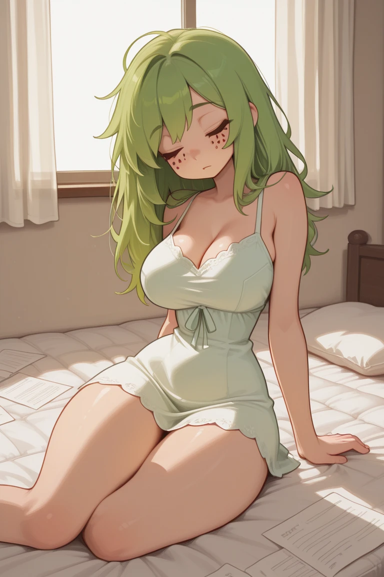 masutepiece, Best Quality, 1girl in, (C.C),Green head hair, (Green eye:1.2),((bunnygirl))、((Leotard))、length hair、((embarassed expression))、((Bedroom))、((rabbitears))、((highleg))、((pantyhose))、((Shoulder out))、((bare neck from shoulders))、((Sit up))、((Spread your legs apart))、((Pregnancy))