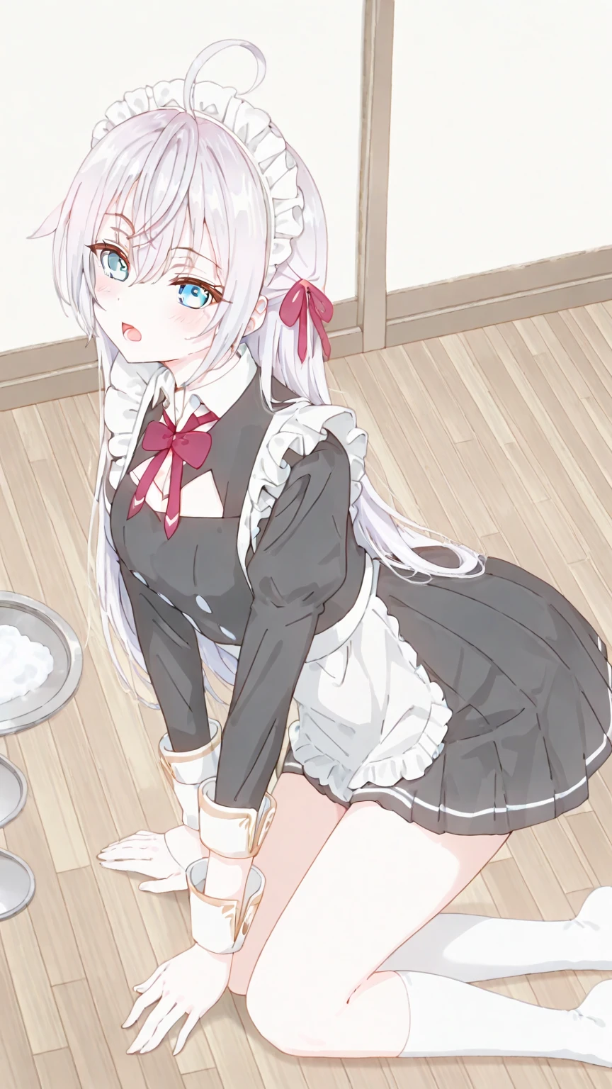 ((masterpiece)), ((best quality)), ((highres)), ((extremely detailed CG unity 8k wallpaper)), solo, Toujo koneko, cabelo branco , orelha de gato, nekopara outfit, white apron, blush, perverted, bathroom, white leggings, smile, cat pupils, slit pupils, cat eyes, purple tail