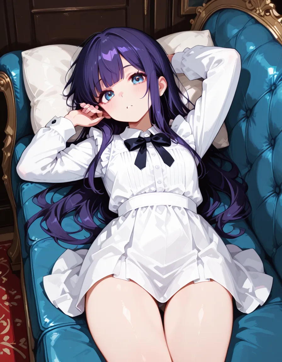 beautiful, masterpiece, best quality, extremely detailed face, perfect lighting, 1girl, solo, jack-o' challenge, flexible, spread legs, top-down bottom-up, frederica bernkastel, blue hair, purple eyes, bare shoulders, best quality: 1.5, masterpiece, perfect figure, delicate hands, HDR, detailed body