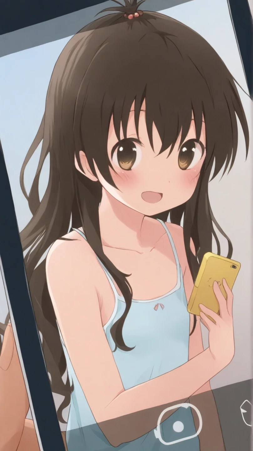 (mikan yuuki,女の子, loli, loose hair   ),  (Smartphone Showcase,
screen showing an anime girl,upper body),
