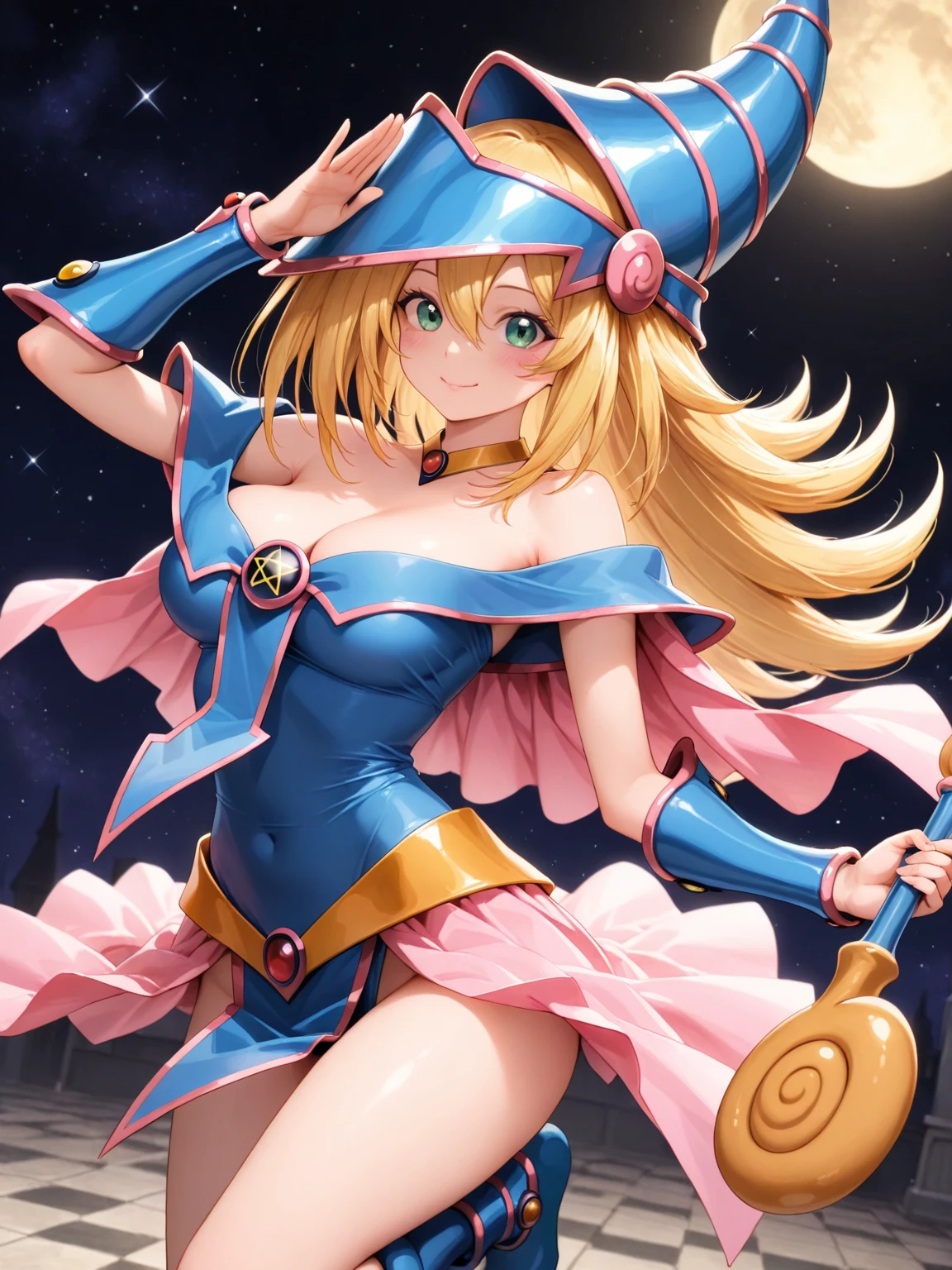 (Obra maestra:1.2), (La mejor calidad:1.2), Perfect lighting, Chica Maga Oscura lanzando un hechizo, flotando en el aire, tetas grandes, escote, desde arriba, Destellos de magia. Luces artificiales. Pose sejustiva y sexy