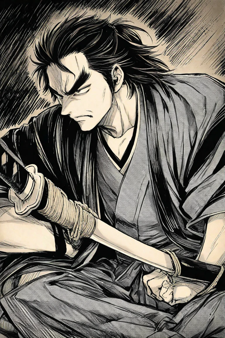masterpiece, best quality, 1990s \(style\), 1980s \(style\), Samurai Champloo,jin(Samurai Champloo),8k,1man,