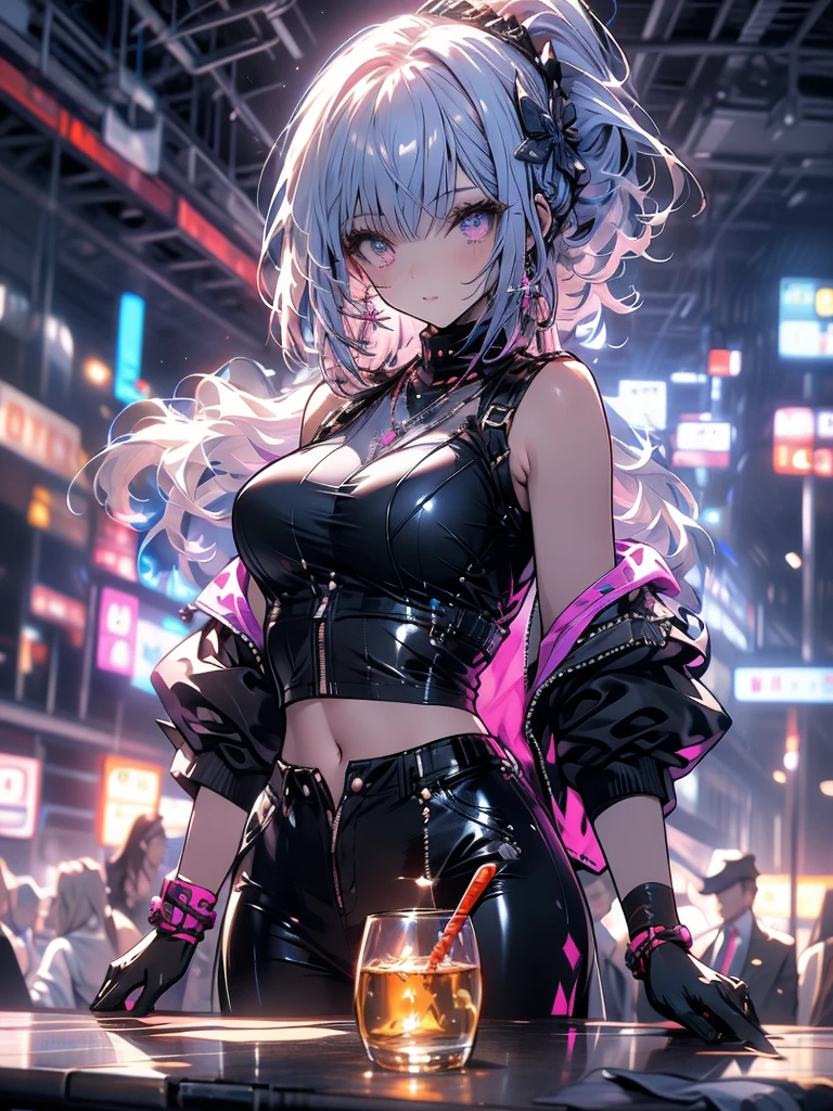 portrait, 1 girl, beautiful face, asymmetrical hair, multi-colored hair, belt, partial unzipped bodysuit and showing clevage, navel, detached sleeves, grey eyes, hip vent, open jacket, cute, look at viewer, night city, neon, rainy, back turned