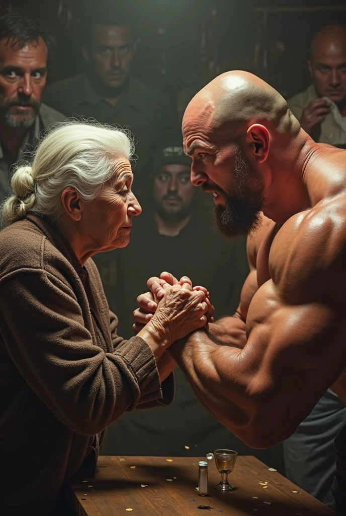 A robust man with quite defined muscles and immense strength being punished by his somewhat elderly mother for not eating his bowl of vegetable soup