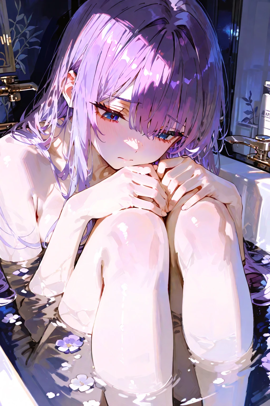 3 second video Little girl with long purple hair with big bright eyes soft smile open mouth with tongue out saliva falling showering naked showing her small breast completely exposed legs open wet water falling down them 2d animated illustration