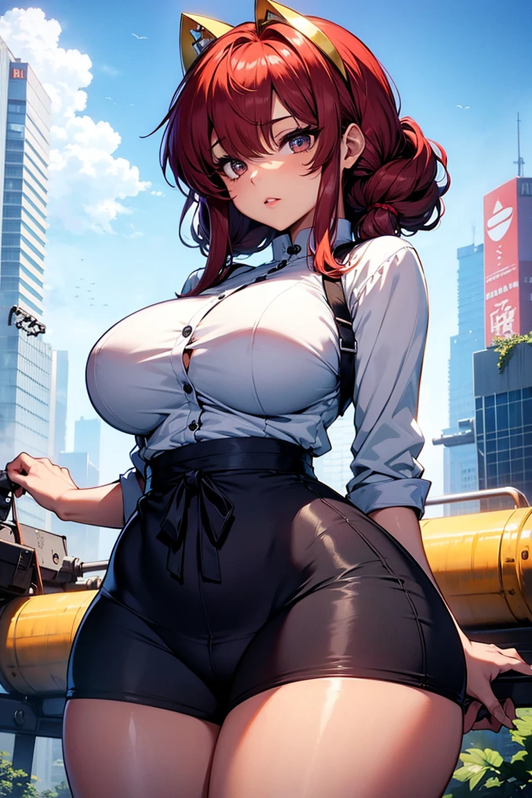 Artistic Female Detective、((Super huge breasts　999))、Ahoge、braid ponytail、
