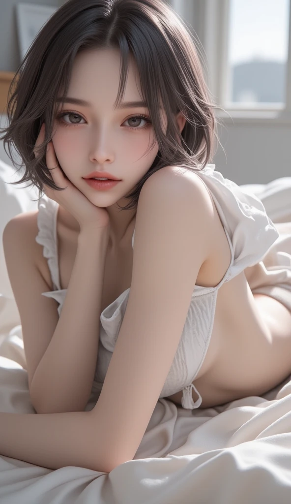 (masterpiece, highest quality, highest quality, Official Art, beautifully、aesthetic:1.2, Cinema Lighting、Subsidy light、Soft Backlight), 
Beautiful face、the body is slim、Fit and body、Pale skin、Shiny, Bright Eyes、length eyelashes、
1 girl、alone、
nude, 
A room with a living feel,Dark bedroom、spread legs,on the bed