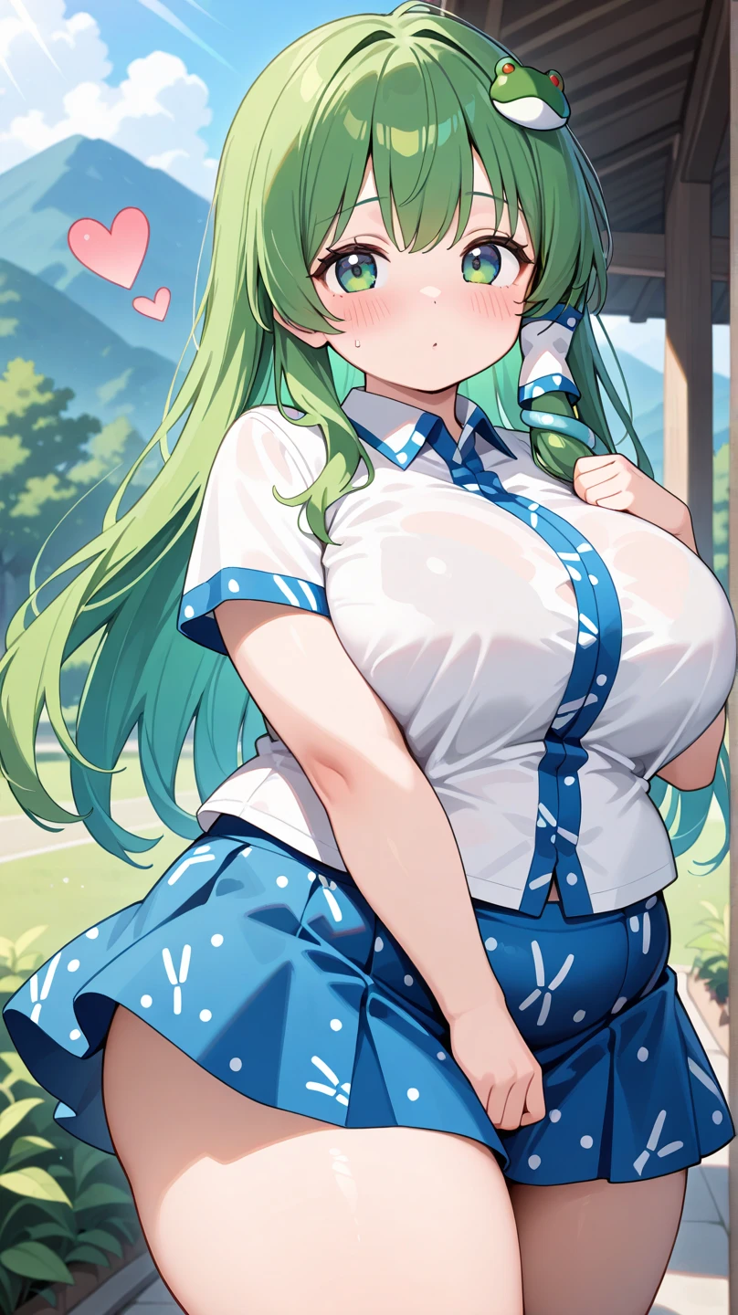 ((A Pretty school girl with green hair and blue eyes)), ((wearing see through white collar shirt and plaid mini skirt)), Baby face, ((top-quality, master piece, ultra-definition, high resolution)), anime girl, ((ultra-detailed illust:1.2)), only one person, bangs, hair between eye, beautiful hair, Beautiful eyes, medium breast, Big smile, opened mouth, barefoot, in the river, countryside,see through,((Nipples visible)),((nipples)),(spread legs),pussy,((vaginal finger)),