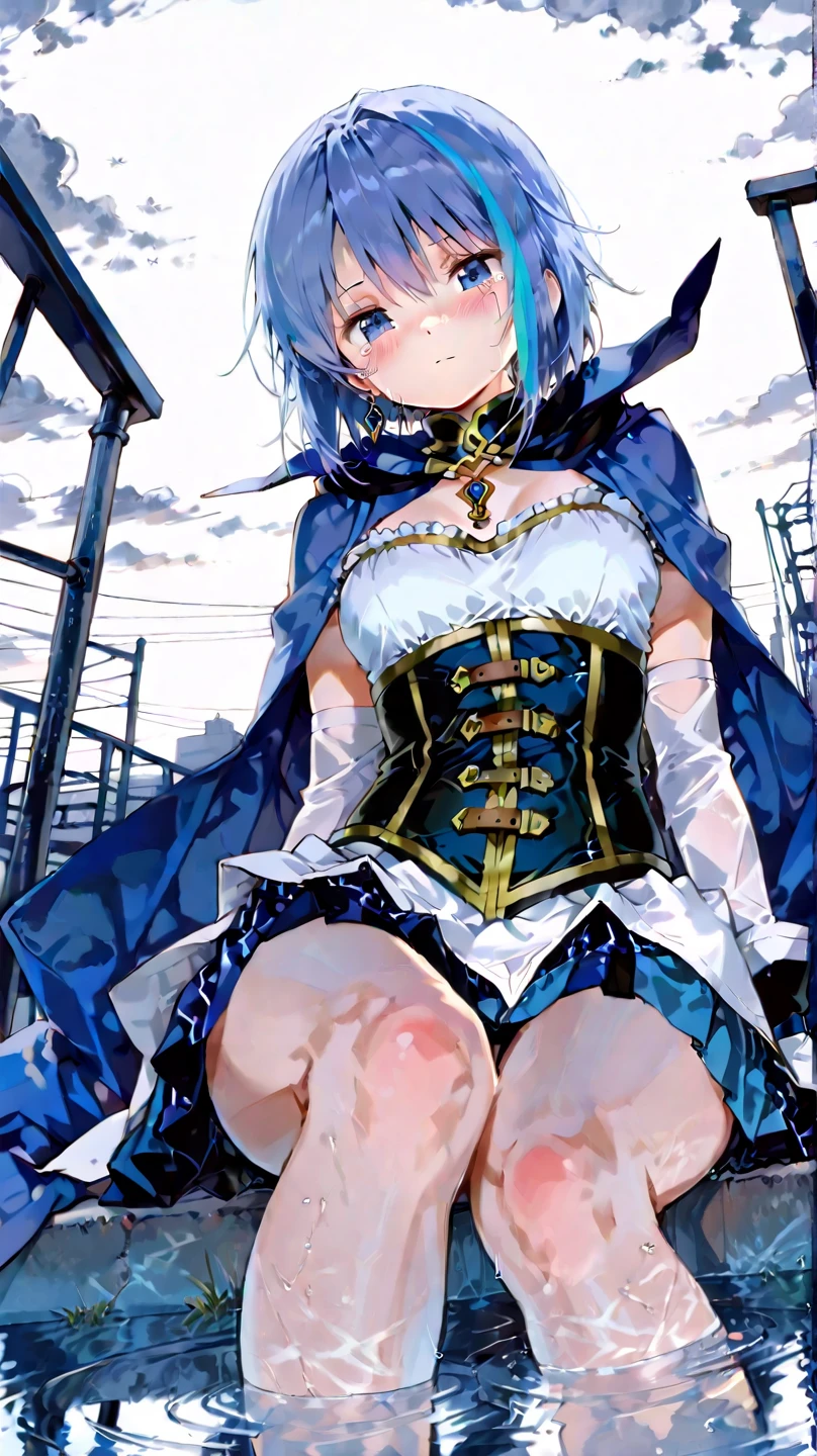 (White background:1.2),masterpiece,best quality,1girl,18yo, beautiful girl,BREAK,Blue Hair, short hair, blue eyes, cute, Narrow waist, small, Toned Up, Large Breasts, Bare shoulders, Red neckerchief, Blue elbow gloves, Blue fingerless gloves, Pauldrons, belt, breastplate, White headband, Short dress, Dress slit, Blue tight boots, Blue long boots, Pegasus Knight Uniform (Fire emblem), low length,blush,Scared,distress,Open your mouth,(Her skirt is lifted up and her panties are visible,Blue and white striped panties:1.3)