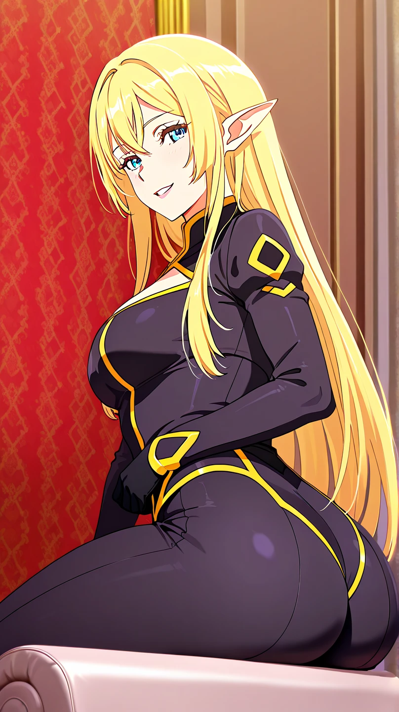 masterpiece, best quality, extremely detailed, anime art style, 1girl, mature female, solo, ChopioAlpha, (dark brown skin:1.6), (large breasts:1.6), ((blonde hair, ponytail, blue eyes, pointy ears)), parted lips, ((fishnet bodysuit, reverse bunnysuit, heart pasties, maebari, black gloves, black pantyhose)), light smile, ((sitting on the table, casino))