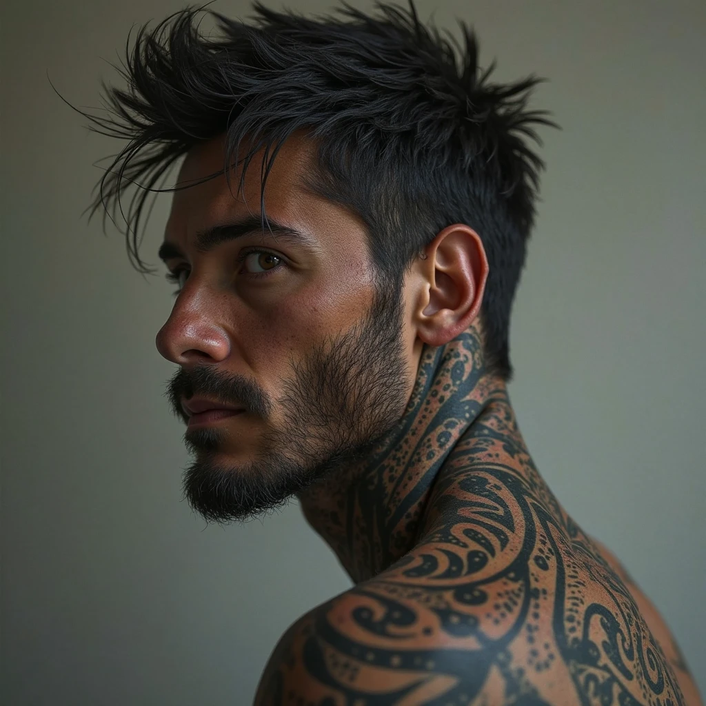 Get a tattoo artist, skin fair, black curly hair, hair stuck, thin mustache, barbicha, Scrawny, smirk on face, 4K