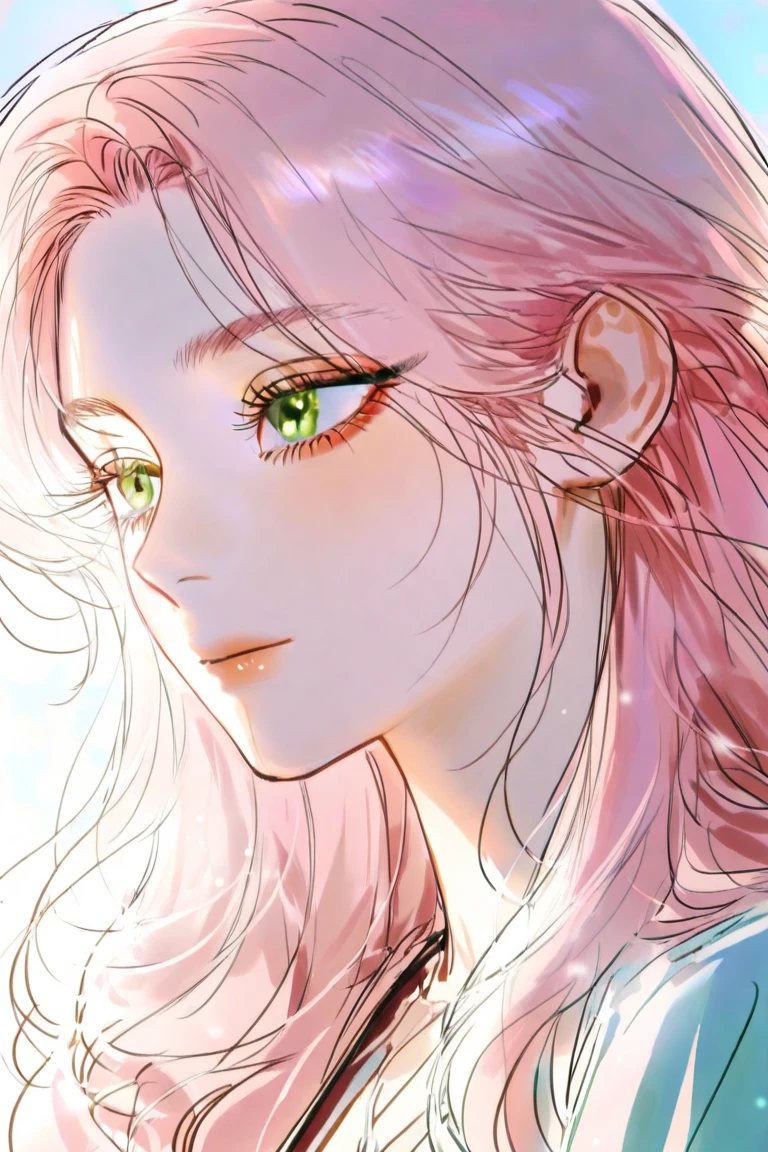 Anime girl with pink hair taking photo, Gewirtz style artwork, Gewirtz, a beautiful anime portrait, pink girl, Long flowing pink hair, Cute realistic portrait, fantasy art style, The upper part of the body, A beautiful anime style inspired by Cheng Jiwa-kun, style of anime. 8K, Beauvot Art Style, CG station popular 8K, The background is the sea