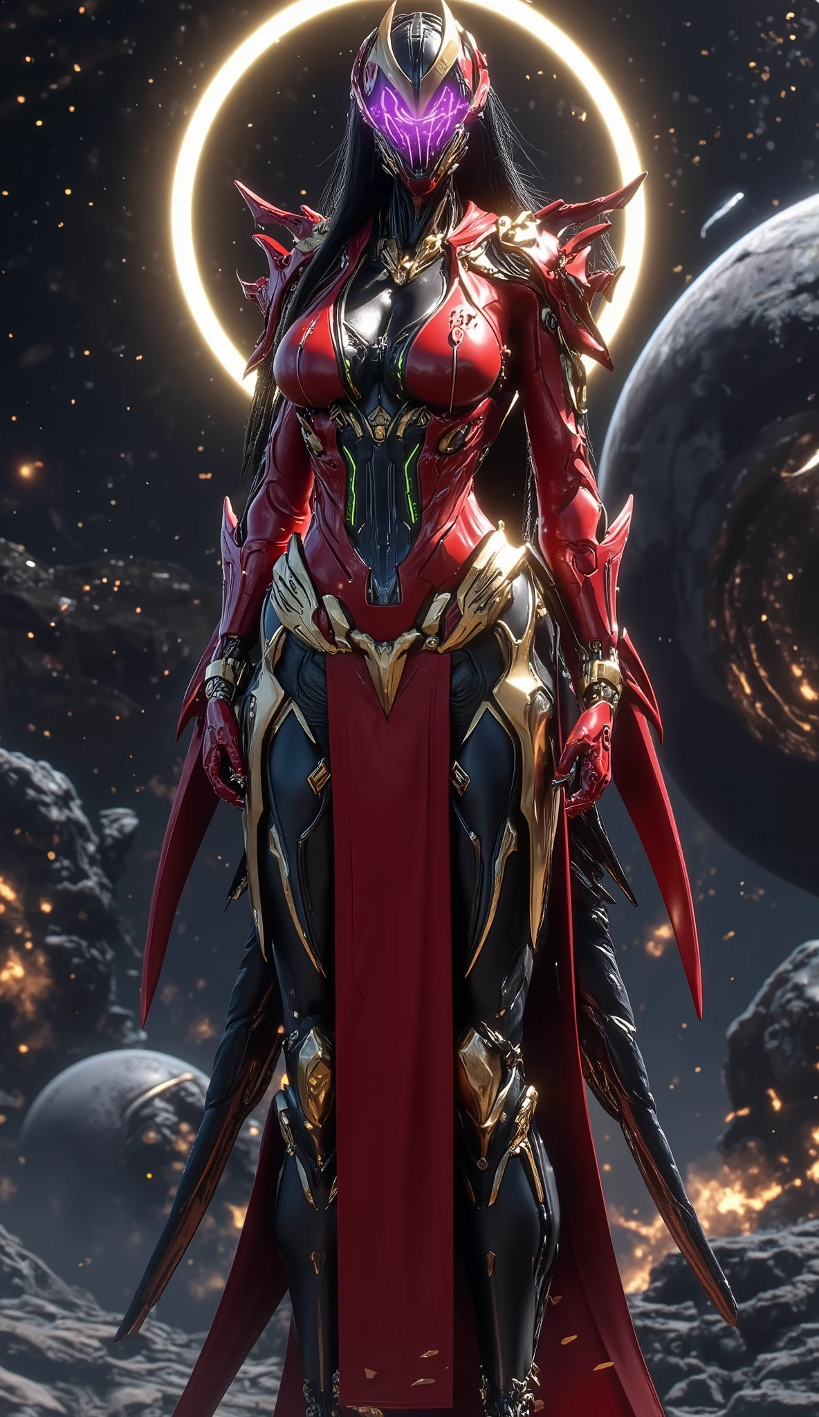 Full body, black hair, a Chinese woman with nanosuit carbon like a complete Holy cosmic armor in shiny red and gold is on, with green accents and a hint of purple , Futuristic and tough . Mecha half helmet that reaveal her beautiful face , there is a large energy circle And a pair of wings on both sides behind his back , (beautiful busty curvy body with massive Gigantic fakest breasts:1.5) , fingerless glove , Elbow protector armor , round breasts , high-tech aerodynamic design with sharp stripes . Part of the chest armor looks solid with protruding armor , portrait , Standing while looking forward , (background Outer space).