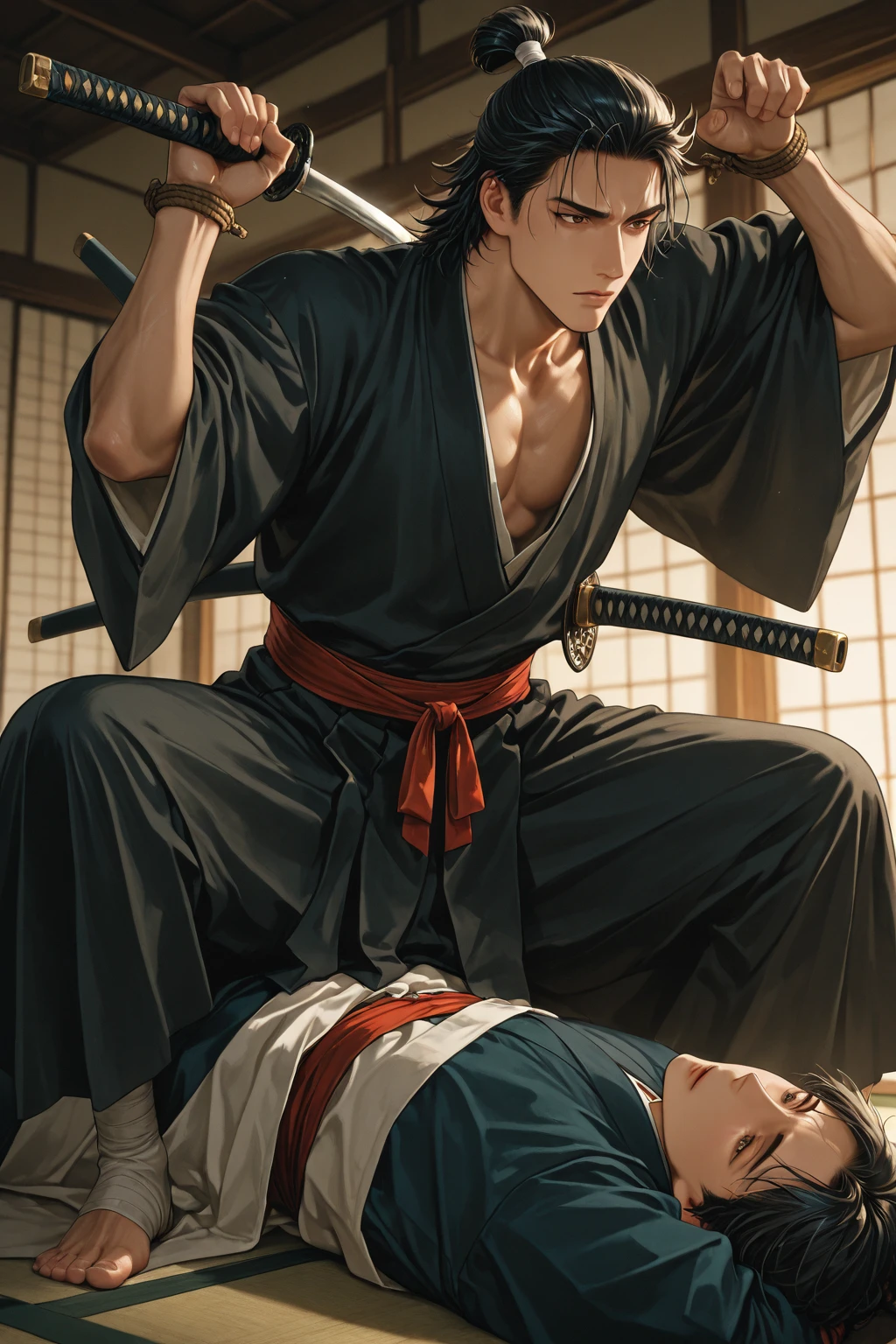male, samurai, laying on the grass