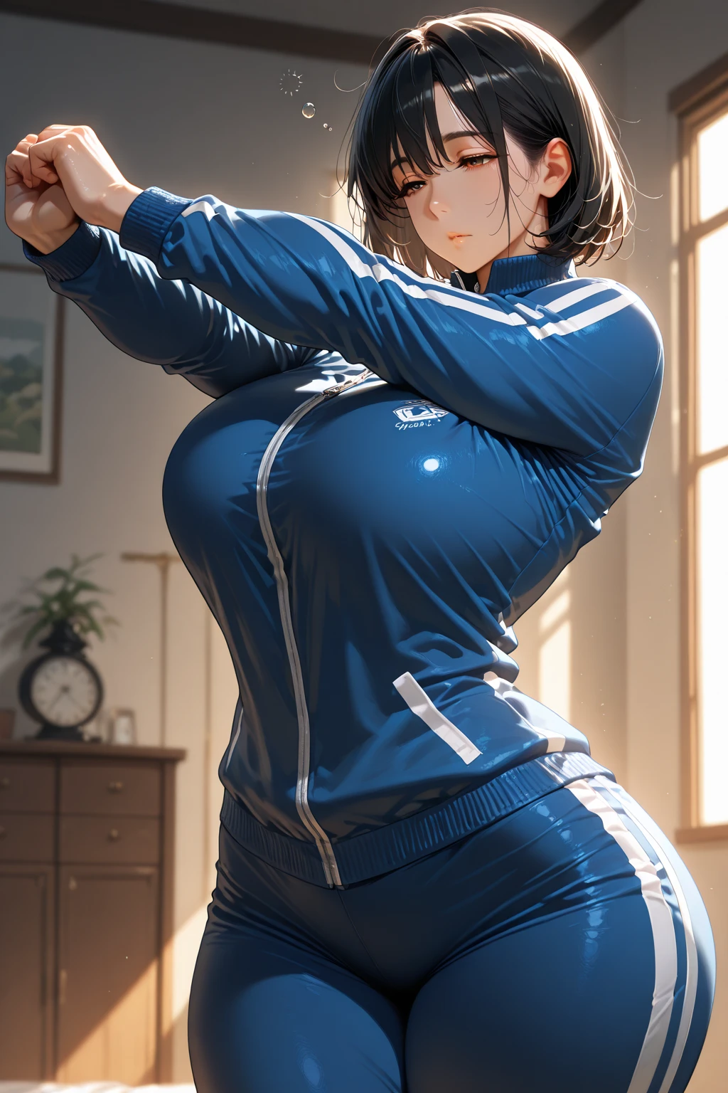 (realistic:1.5),1 girl,solo,hoshinomiyako,(gigantic breasts:1.4) ,red tracksuit, realistic style