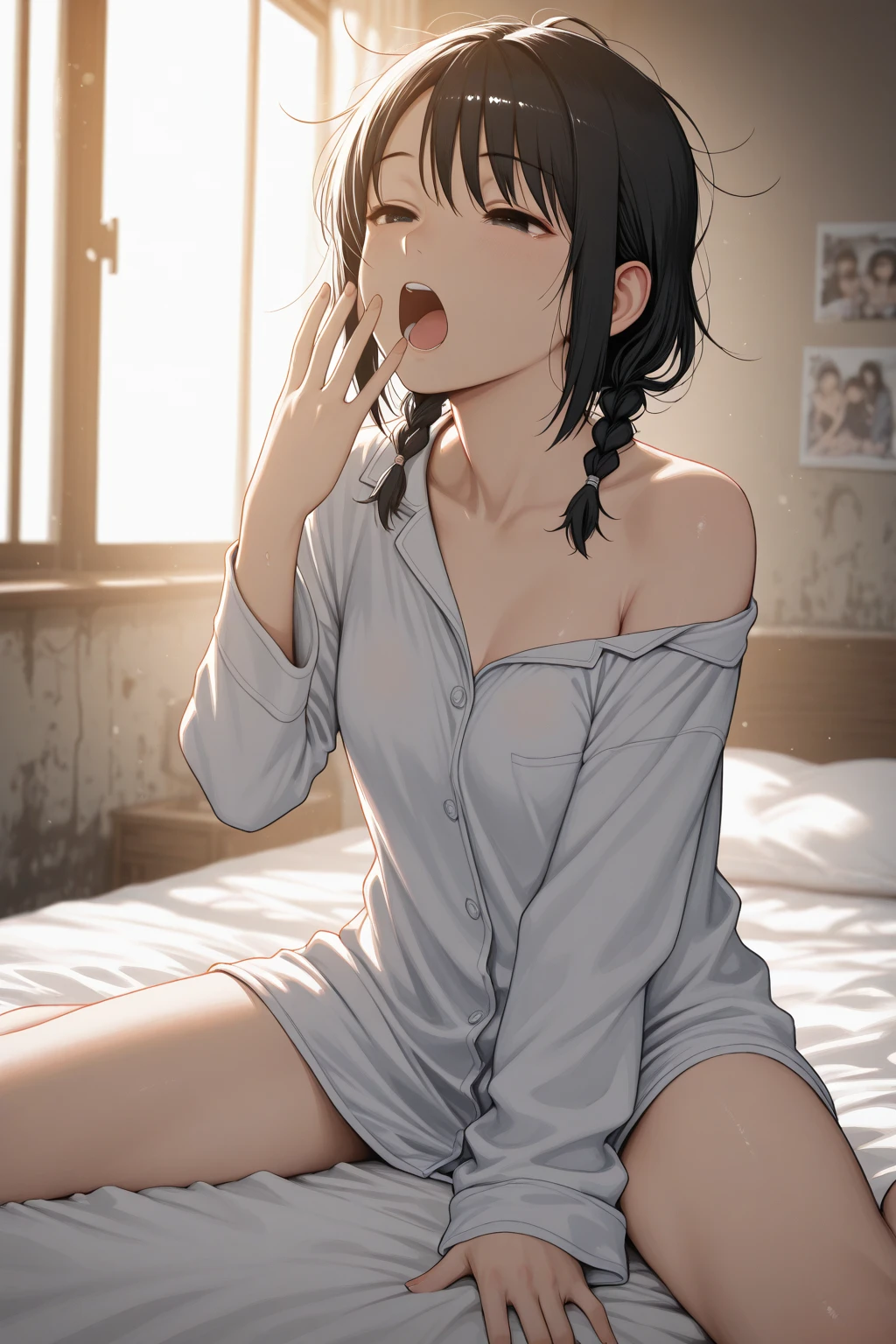 (Highest quality), (masterpiece), highly detailed, She was lying on her back on the bed with her legs spread apart. She was wearing a yellow knit vest and white high socks over her white shirt and a grey mini pleated skirt. I pushed Ichika&#39;s panties aside and inserted my short penis all the way into her and violently inseminated her., Climaxing and convulsing,  body, whole body, Eyes that are evenly shaped, A cool look, Sleeping soundly with your eyes closed, Short Hair, Small Breasts, She has a full head of pubic hair, Beautiful Vagina, get creampied, A simple background with just a sheet, First-person view,