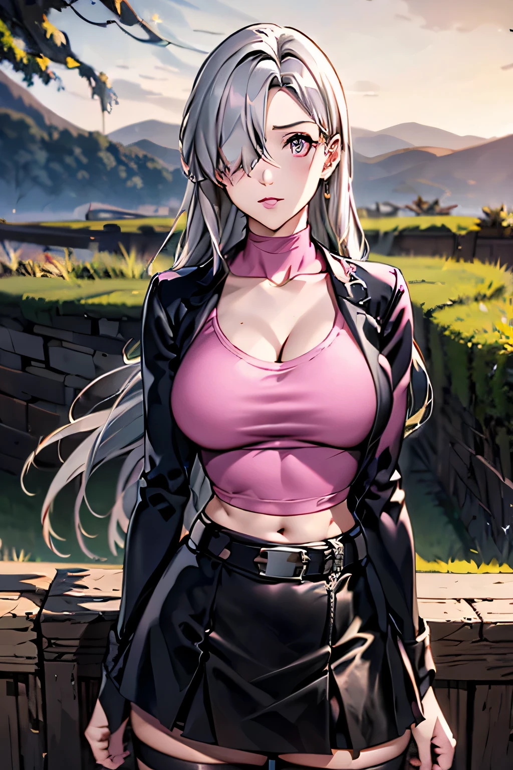 Elizabeth,silver hair, hair over one eye, midriff, black skirt, asymmetrical legwear, black thighhigh, pink shirt, belt, miniskirt, landscape, standing, portrait, upper body, regular breasts, high quality,4k,